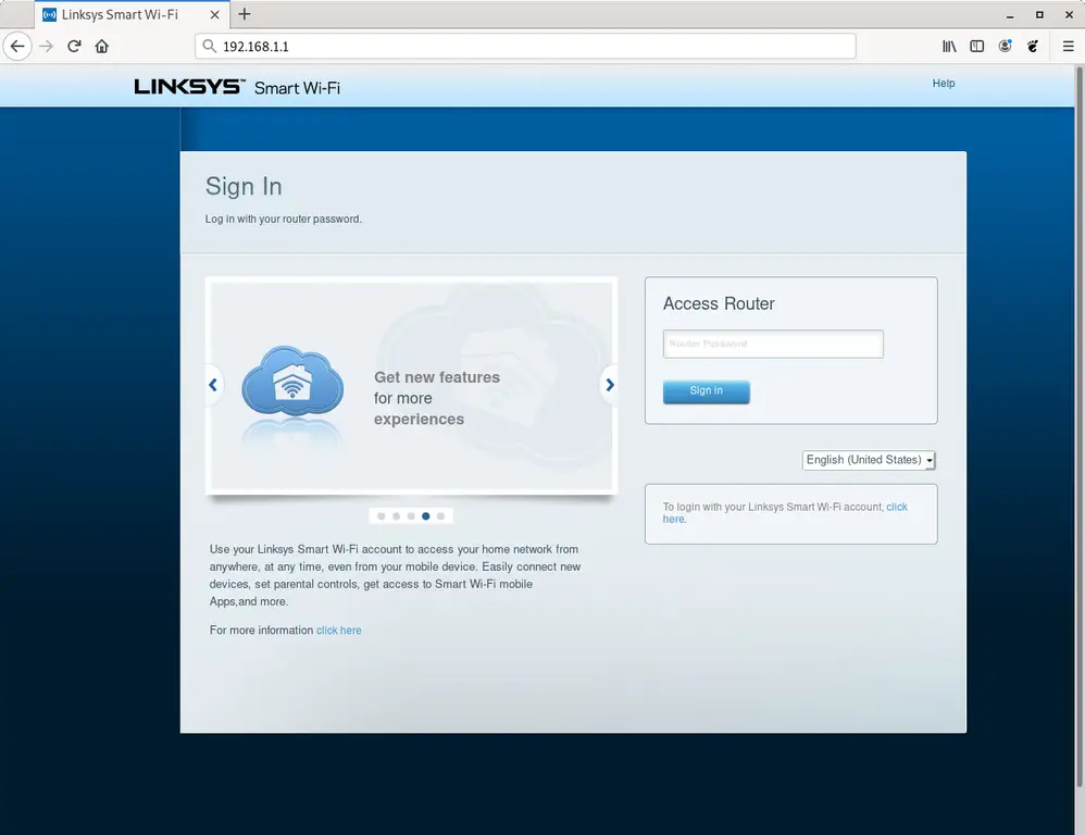Linksys router web interface login screen