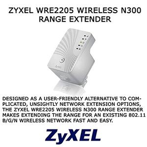 Thumbnail for the ZyXEL WRE2205 router with 300mbps WiFi, 1 100mbps ETH-ports and
                                         0 USB-ports