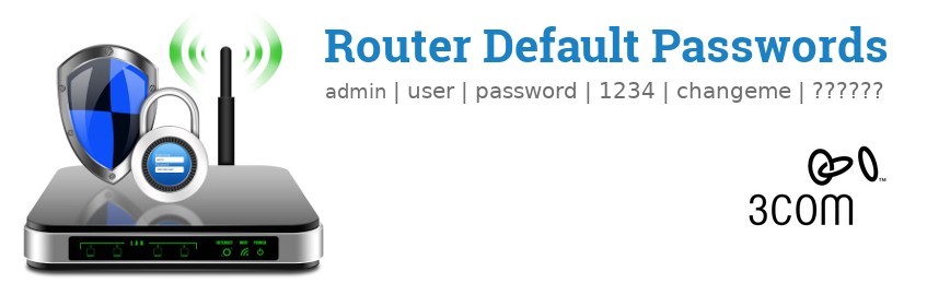 Image of a 3Com router with 'Router Default Passwords' text and the 3Com logo