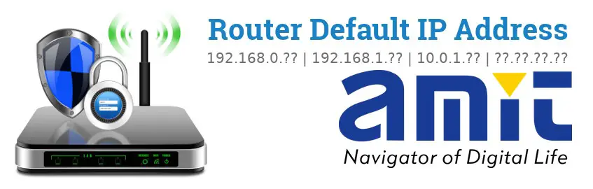 Image of a AMIT router with 'Router Default IP Addresses' text and the AMIT logo