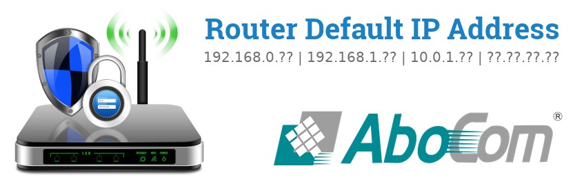 Image of a AboCom router with 'Router Default IP Addresses' text and the AboCom logo