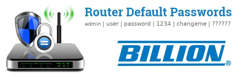 Image of a Billion router with 'Router Default Passwords' text and the Billion logo