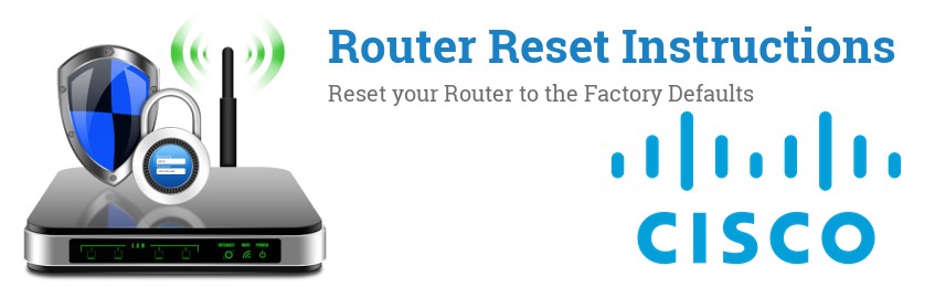 Image of a Cisco router with 'Router Reset Instructions'-text and the Cisco logo