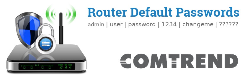 Image of a Comtrend router with 'Router Default Passwords' text and the Comtrend logo