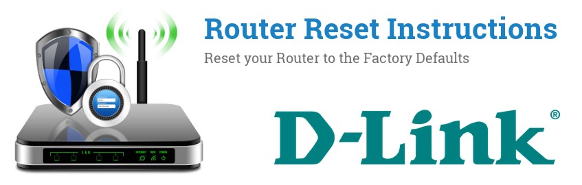 Image of a D-Link router with 'Router Reset Instructions'-text and the D-Link logo