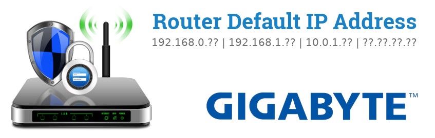 Image of a Gigabyte router with 'Router Default IP Addresses' text and the Gigabyte logo