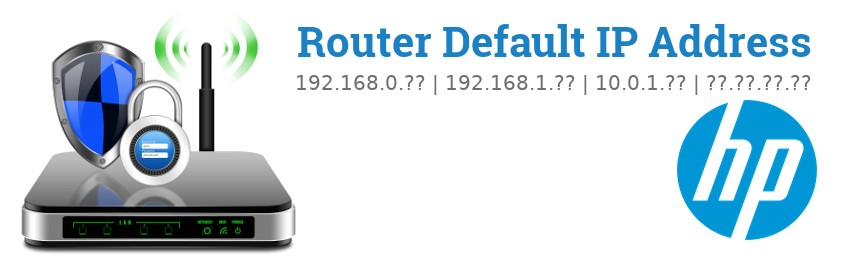 Image of a HP router with 'Router Default IP Addresses' text and the HP logo