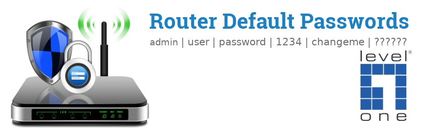 Image of a LevelOne router with 'Router Default Passwords' text and the LevelOne logo