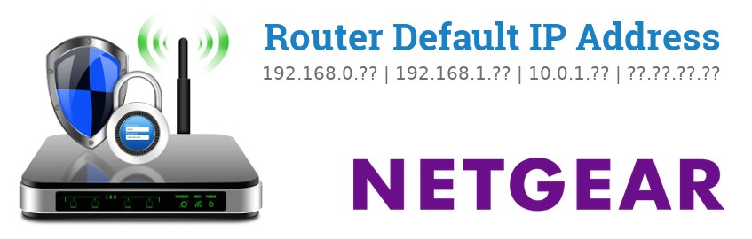 Image of a Netgear router with 'Router Default IP Addresses' text and the Netgear logo
