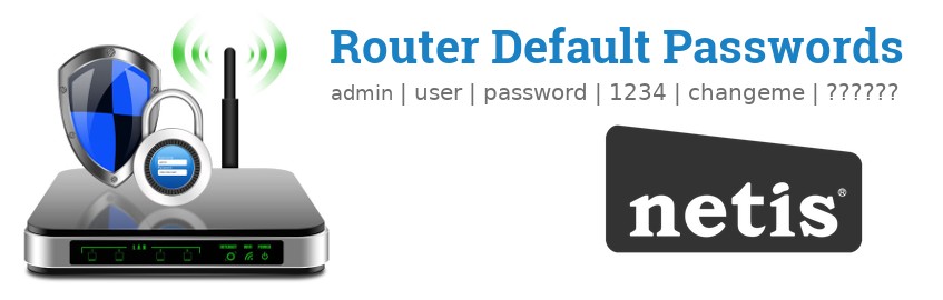 Image of a Netis router with 'Router Default Passwords' text and the Netis logo