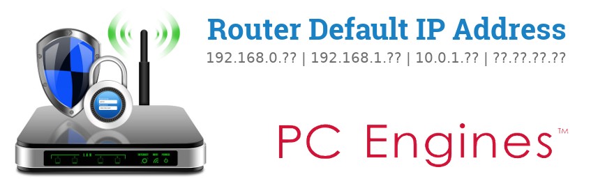 Image of a PC-Engines router with 'Router Default IP Addresses' text and the PC-Engines logo