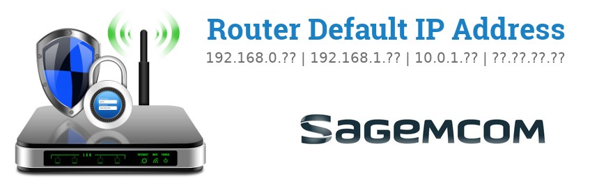 Image of a Sagemcom router with 'Router Default IP Addresses' text and the Sagemcom logo