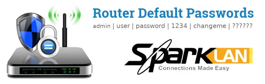 Image of a SparkLAN router with 'Router Default Passwords' text and the SparkLAN logo