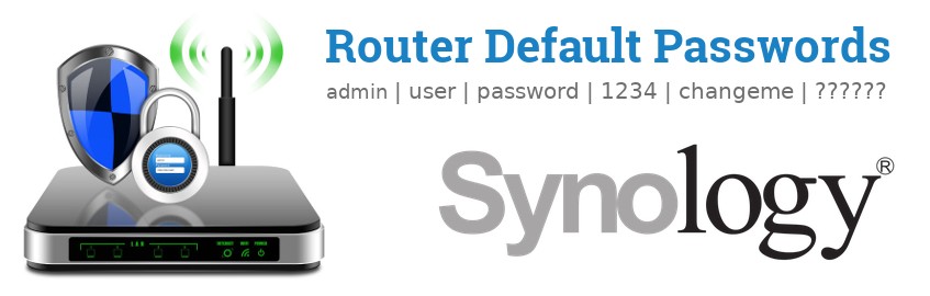Image of a Synology router with 'Router Default Passwords' text and the Synology logo
