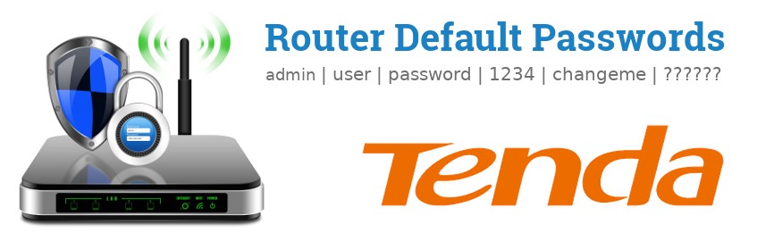 Image of a Tenda router with 'Router Default Passwords' text and the Tenda logo