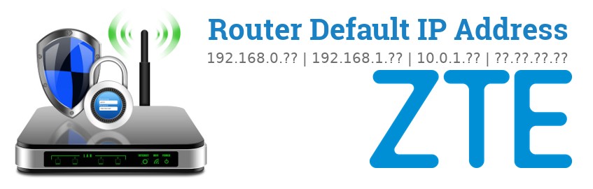 Image of a ZTE router with 'Router Default IP Addresses' text and the ZTE logo