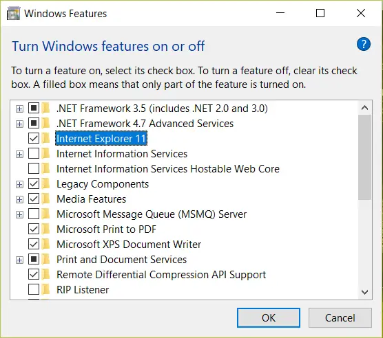 Turn windows features on or off window