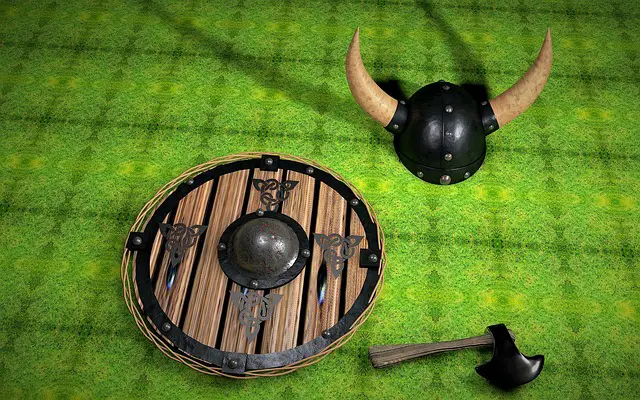 Viking shield, ax and helmet