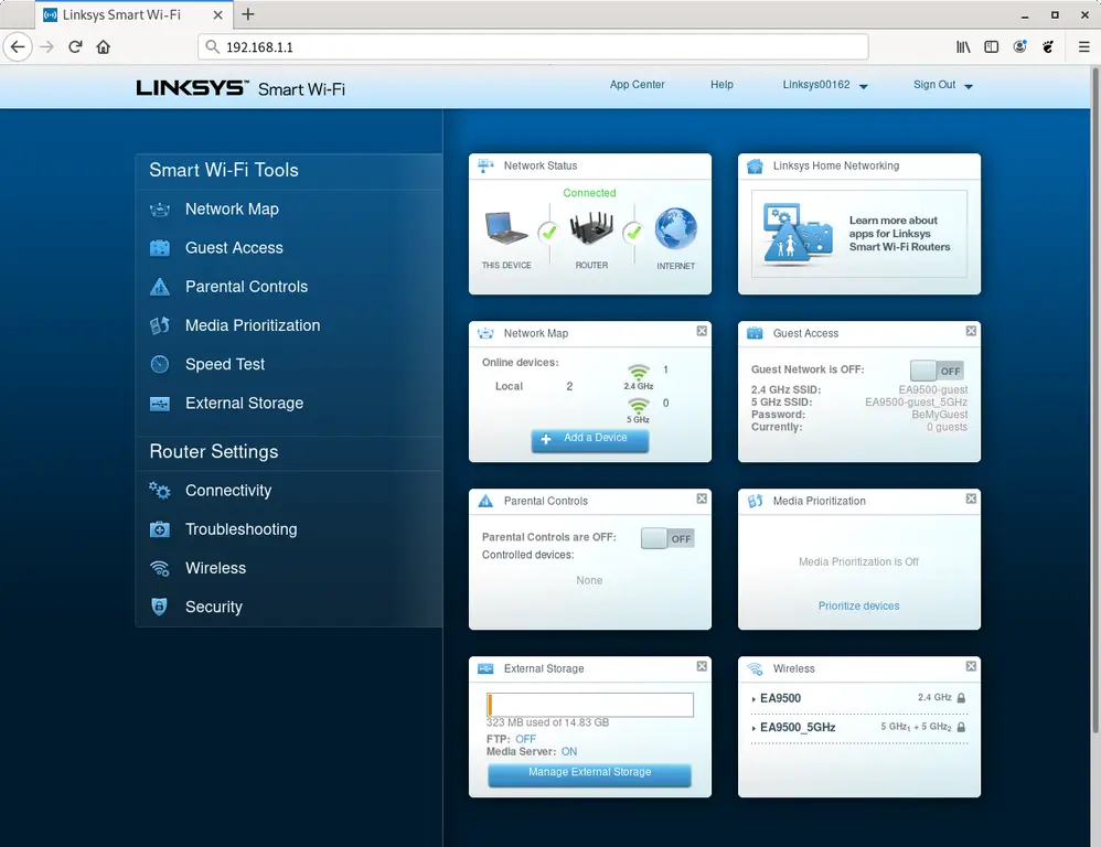 Linksys router web interface