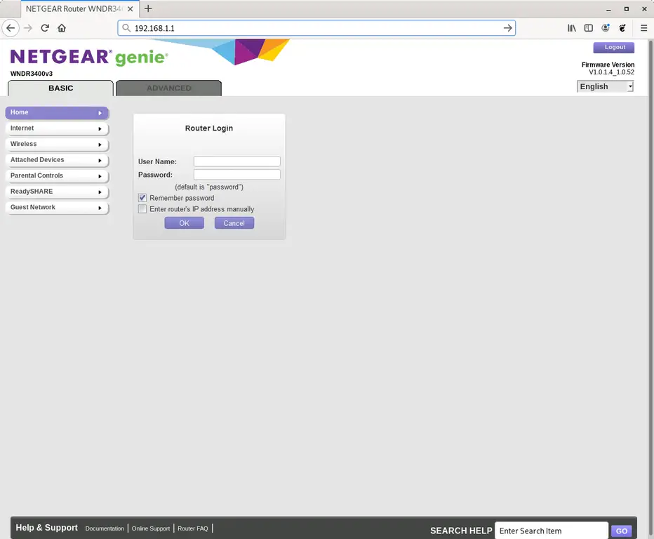 Netgear router web interface login screen