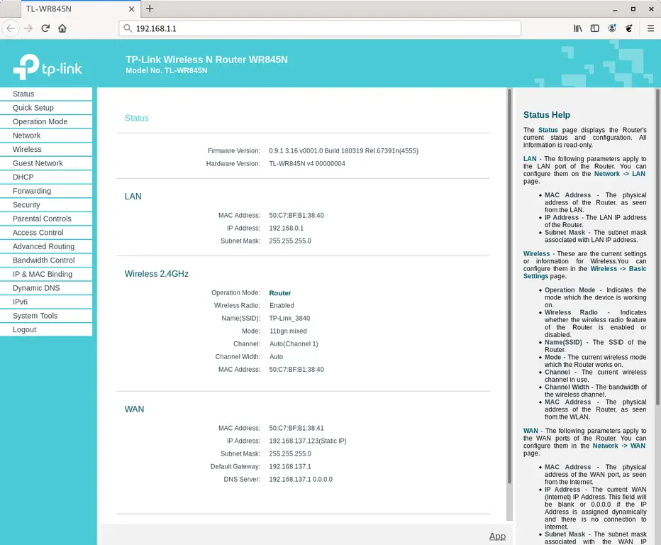 TP-LINK router web interface