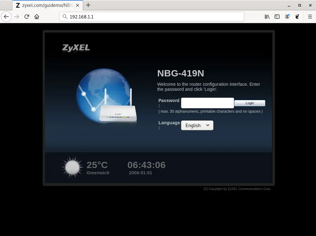 ZyXEL router login page