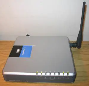 Thumbnail for the Linksys WAG200G router with 54mbps WiFi, 4 100mbps ETH-ports and
                                         0 USB-ports