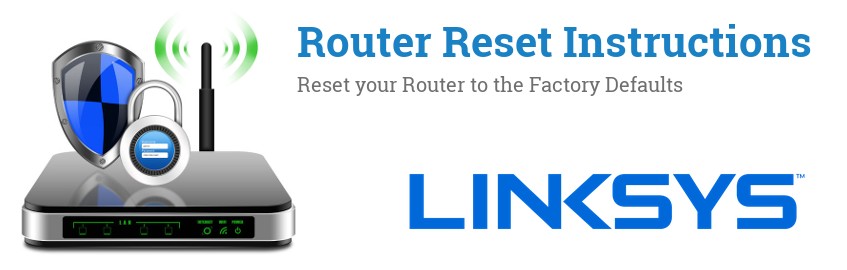 Image of a Linksys router with 'Router Reset Instructions'-text and the Linksys logo