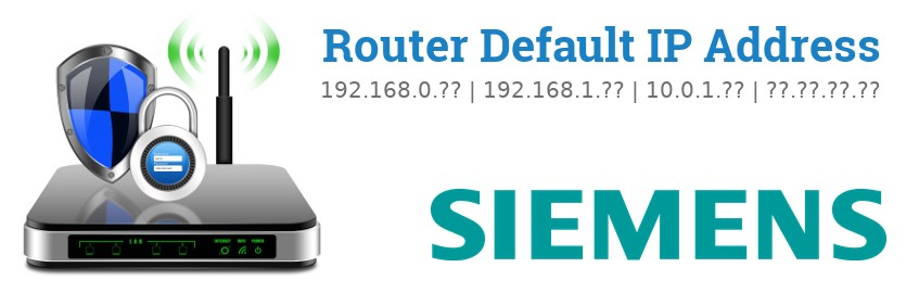 Image of a Siemens router with 'Router Default IP Addresses' text and the Siemens logo