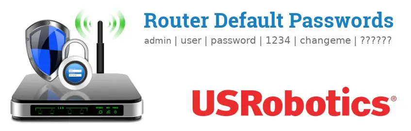Image of a USRobotics router with 'Router Default Passwords' text and the USRobotics logo