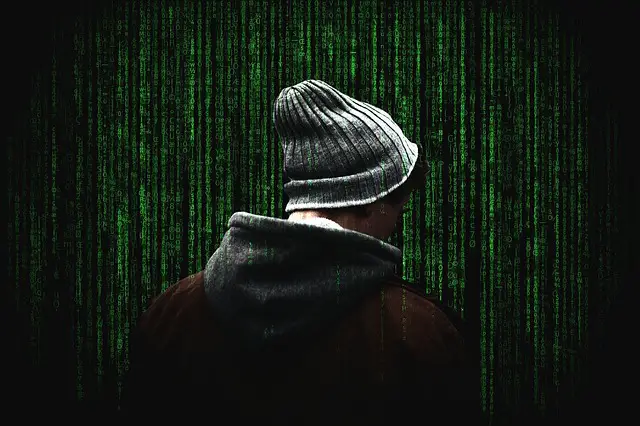 A man back facing in front of screen of encrypted data