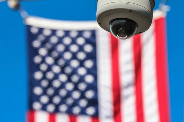 CCTV camera and the USA flag behind