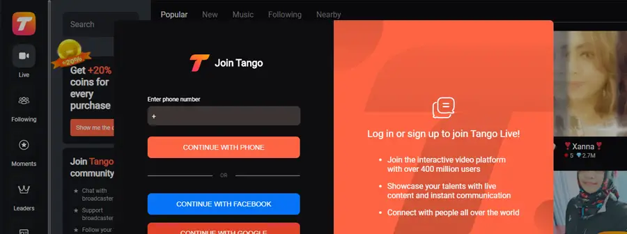 Tango's main page.