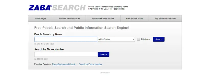 ZabaSearch mainpage.