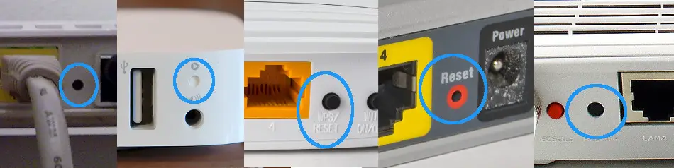 Examples of reset buttons on different routers and modems.